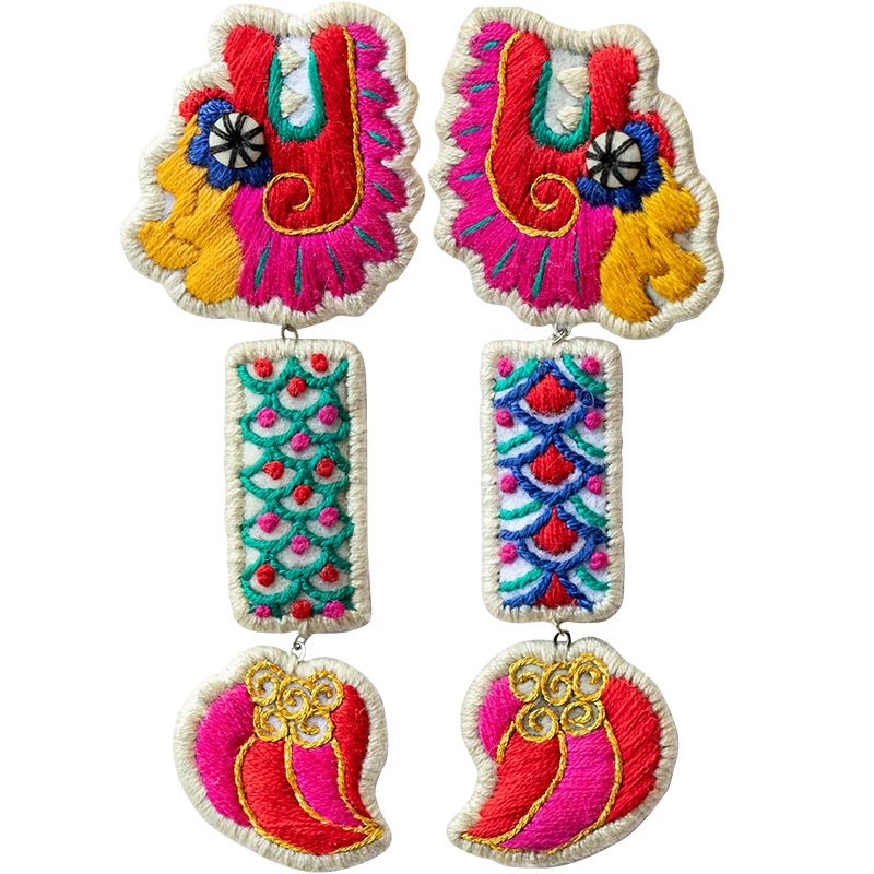 Embroidered earrings and brooches