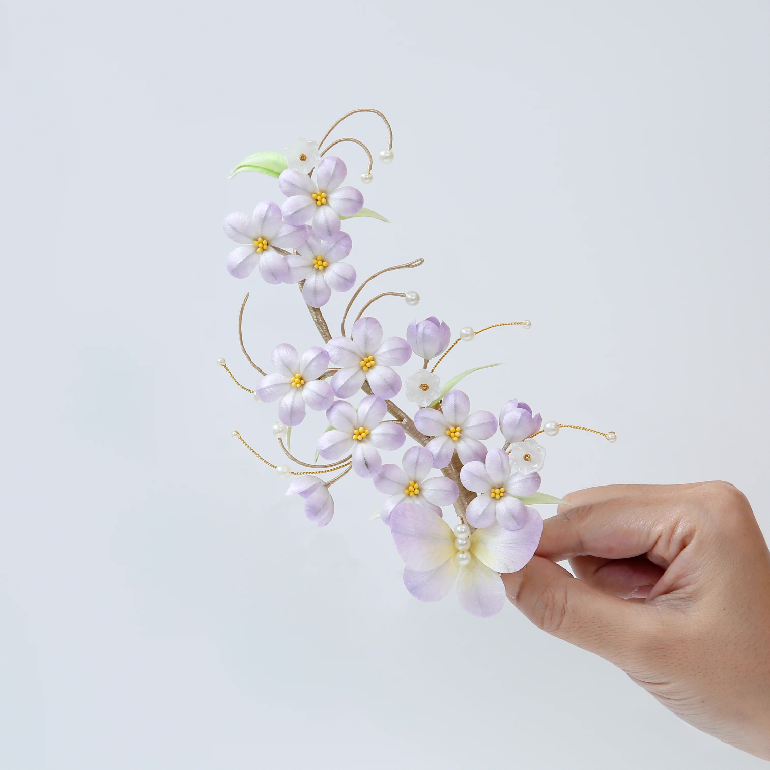 手工绒花 发夹桃花与蝶发饰