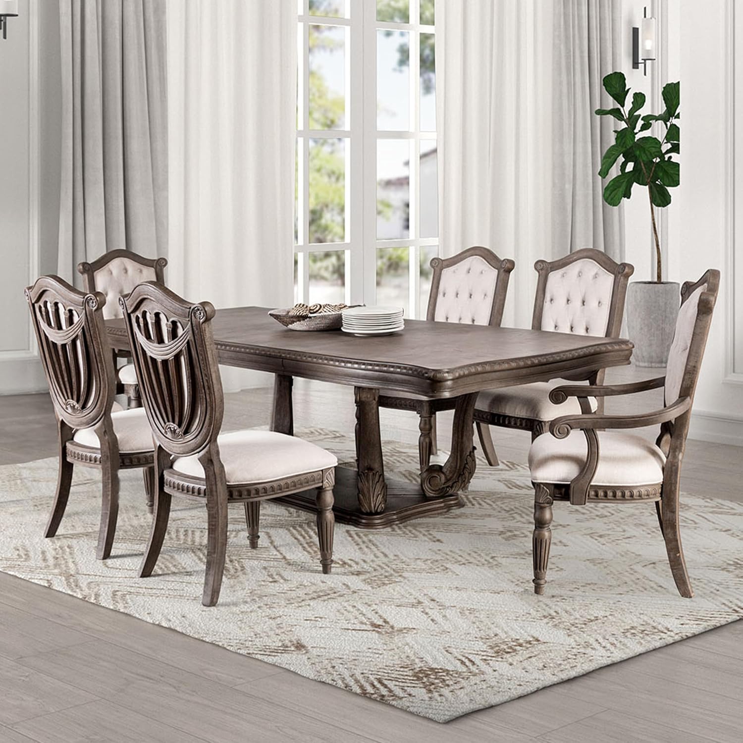 Vintage Carved Wood 6-Piece Dining Set - Upholstered Chairs Traditional Furniture