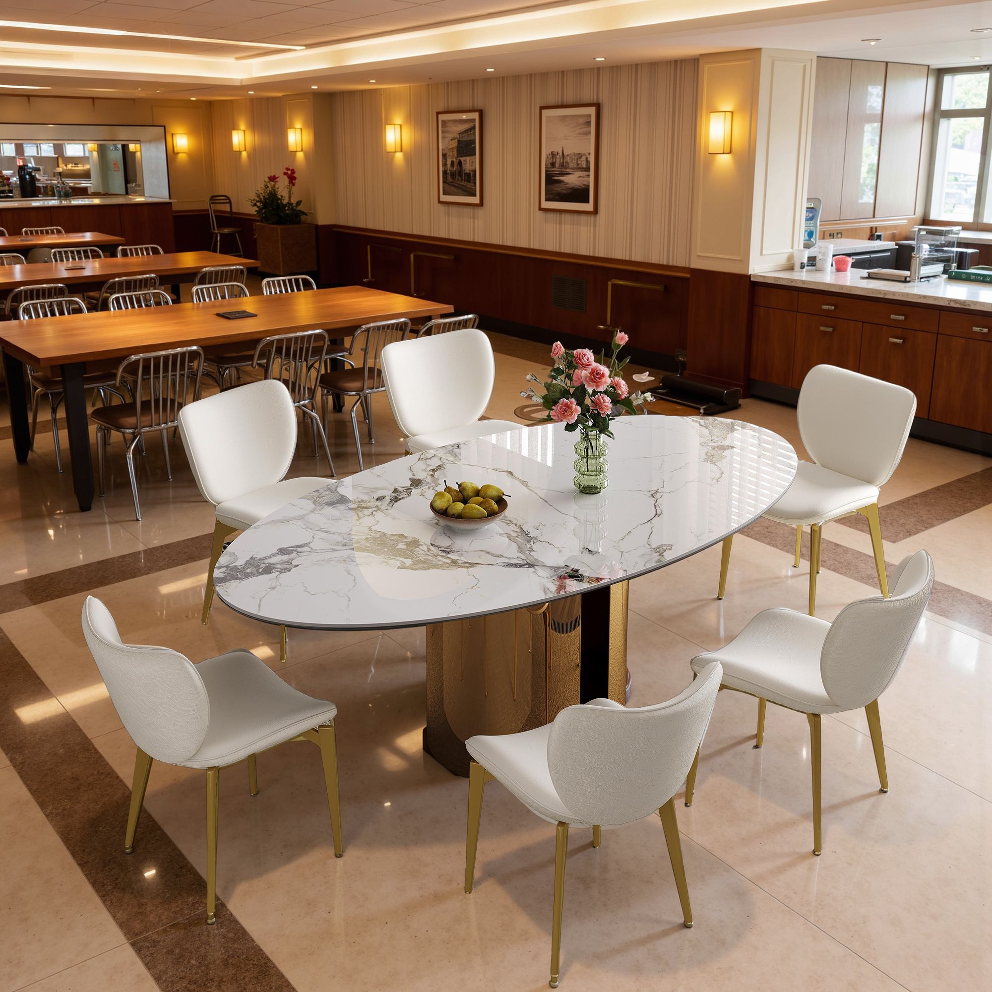 Modern Sintered Stone Oval Dining Set - Gold-Leg White Chair 6-Piece Contemporary Furniture