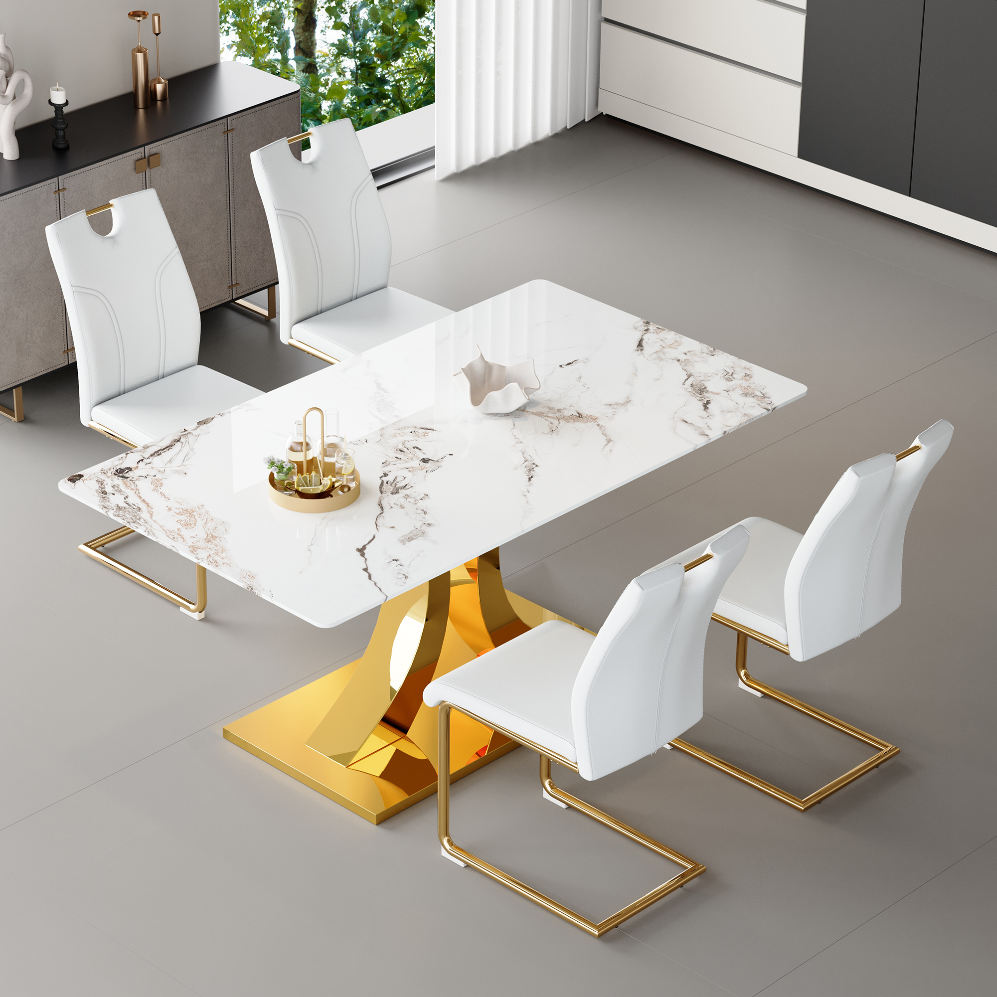 Modern Marble Vein Glass Dining Set - Gold-Accent 4-White Chair Contemporary Furniture