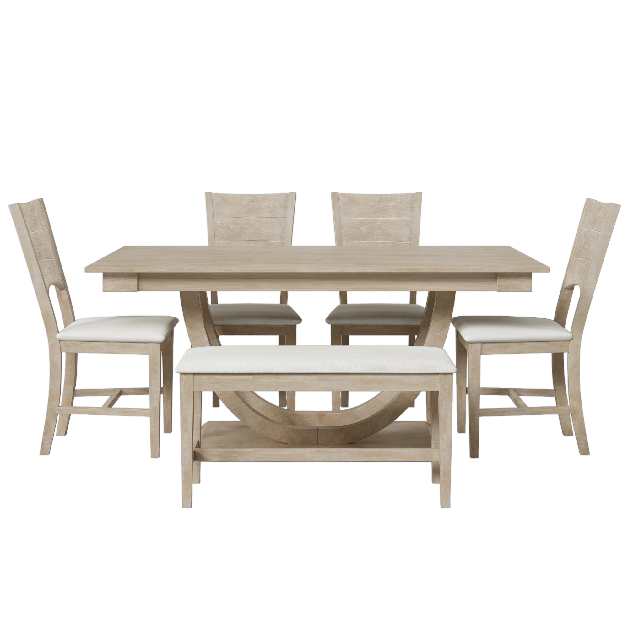 Light Wood Modern Dining Set - 6-Piece with Bench & Upholstered Chairs