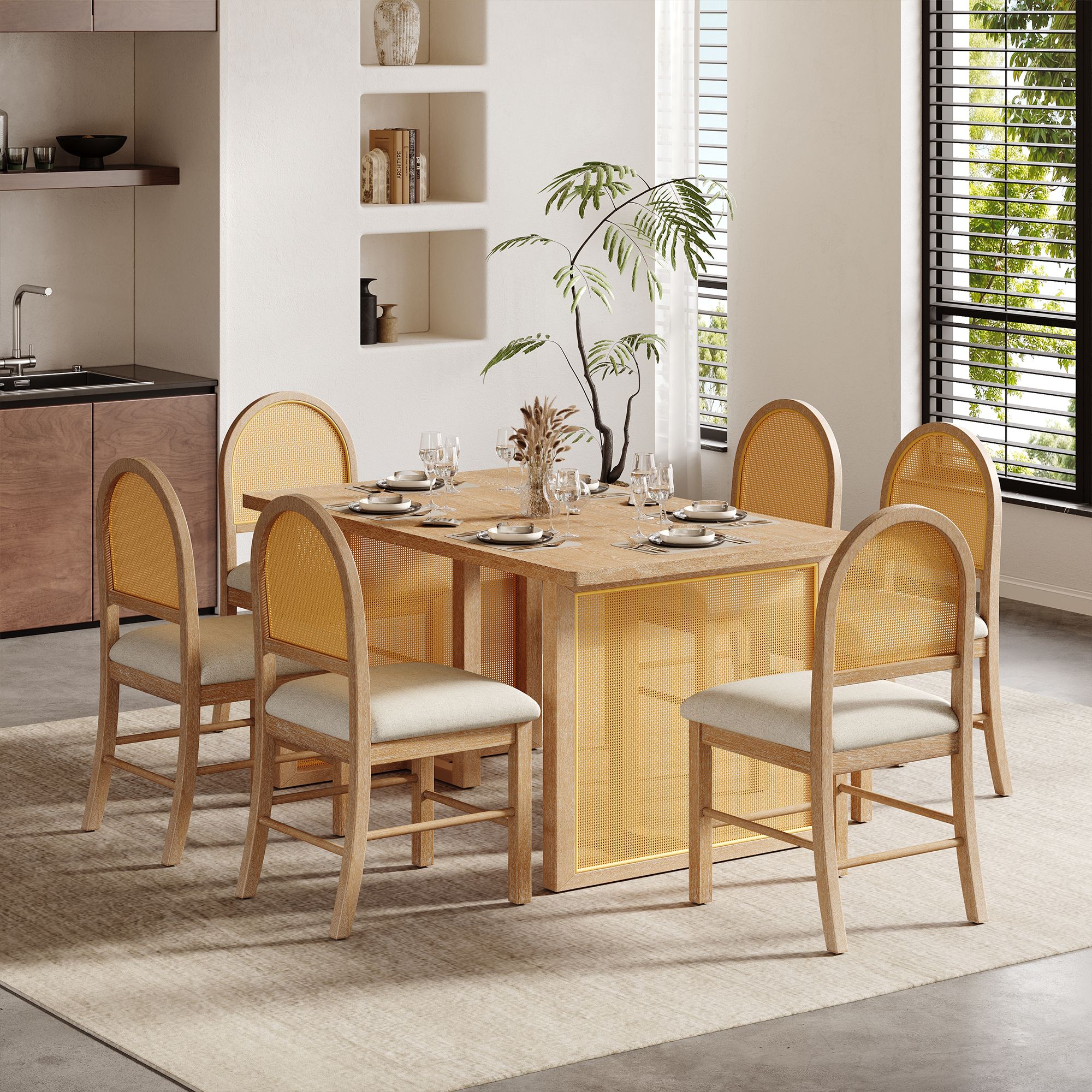 Modern Rattan Light Wood Dining Set - 6-Piece Upholstered Chair Furniture