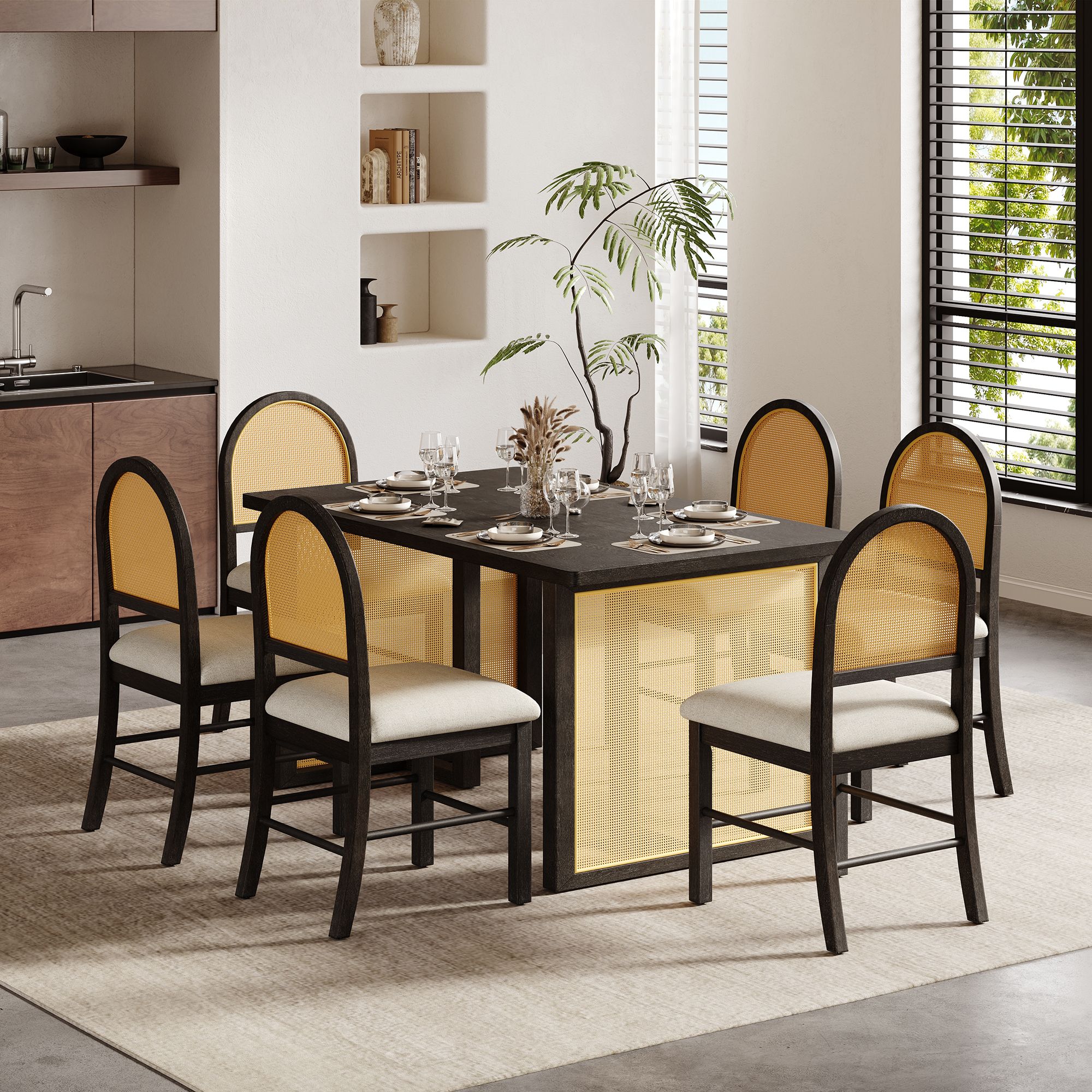 Modern Rattan Dark Wood Dining Set - 6-Piece Upholstered Chair Furniture