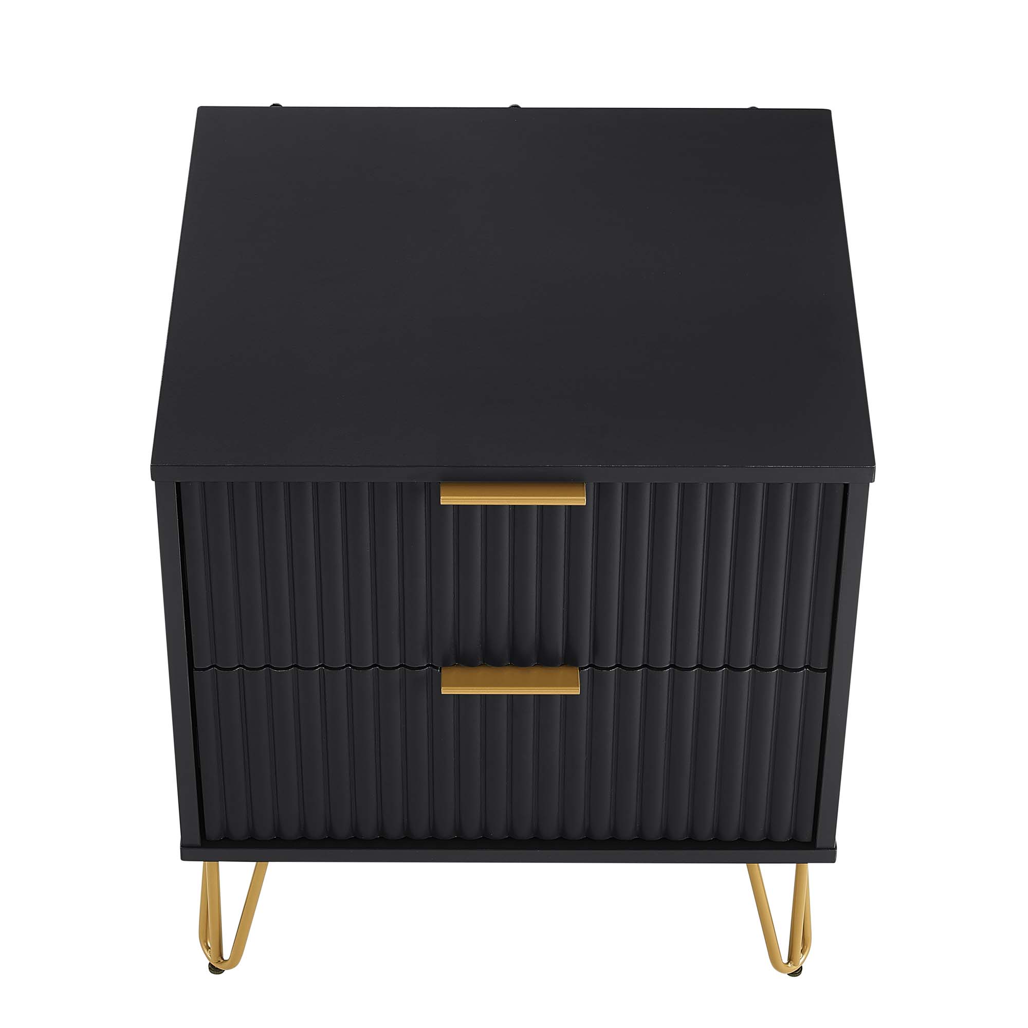 Modern Black Corrugated Nightstand - Gold-Accent 2-Drawer Bedroom Furniture