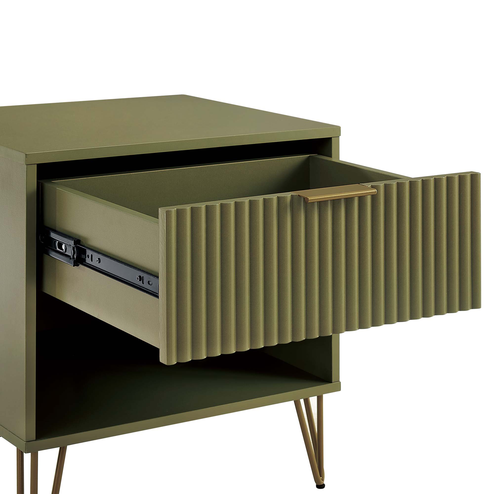Modern Olive Green Corrugated Nightstand - Gold-Leg 1-Drawer Bedroom Furniture