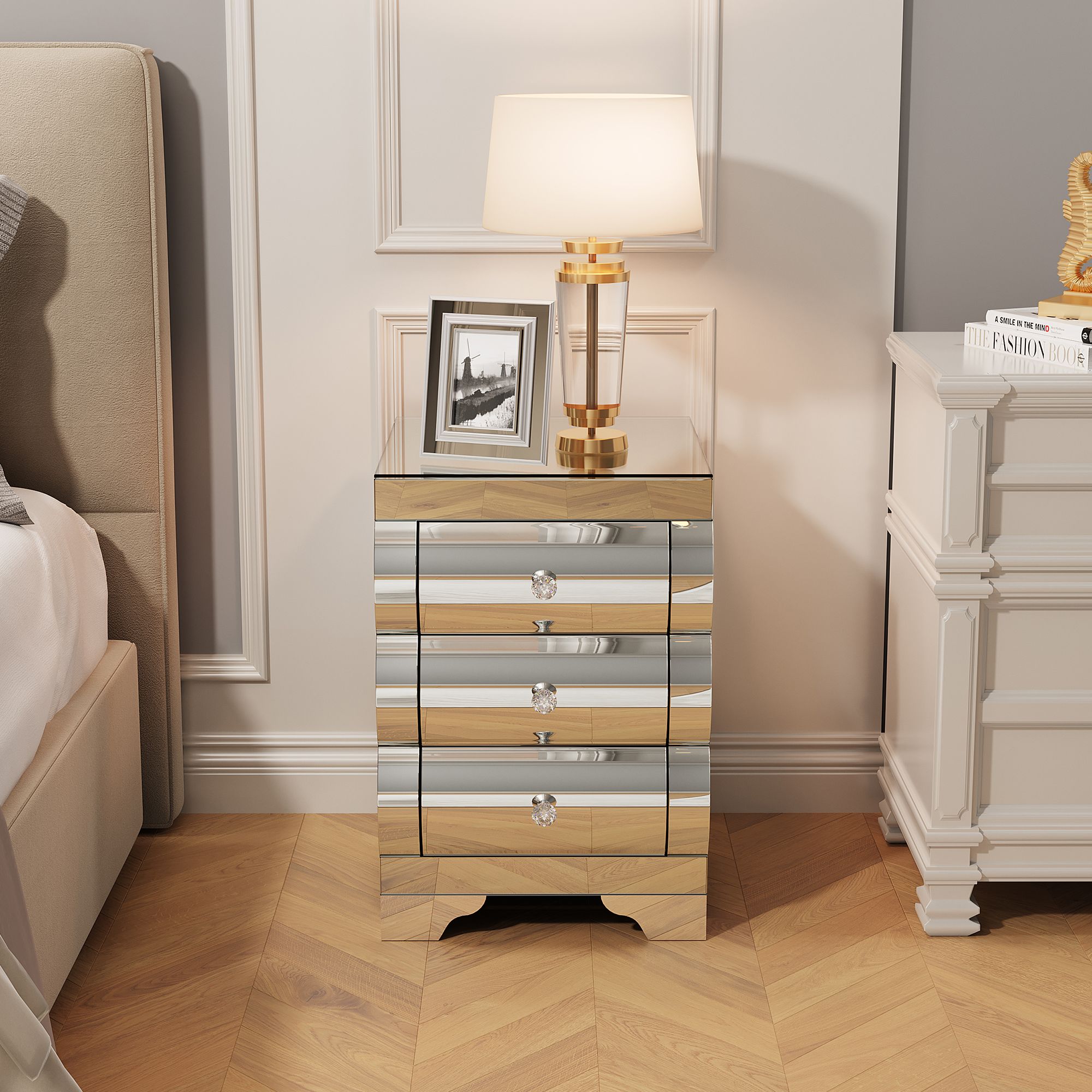 Modern Mirrored Gold-Accent Nightstand - 3-Drawer Luxe Bedroom Furniture