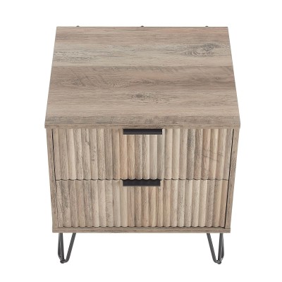 Modern Light Wood Corrugated Nightstand - 2-Drawer Black Metal Legs Bedroom Furniture