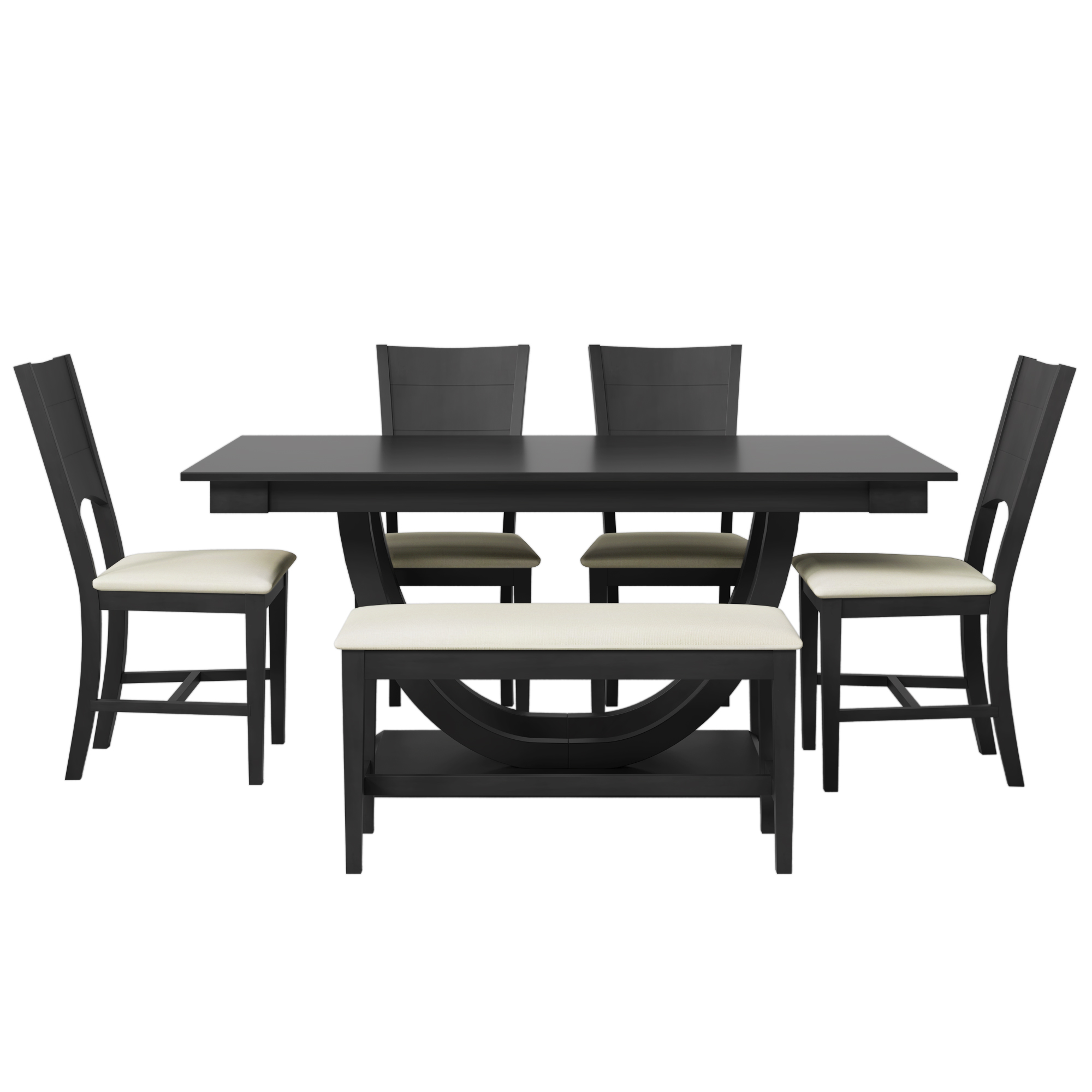 Modern Black Wood Dining Set - 6-Piece with Bench & Upholstered Chairs