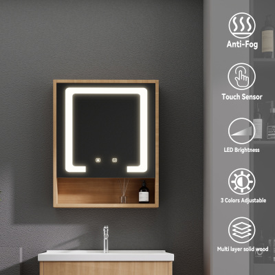 Modern Wood LED Bathroom Mirror Cabinet - Open Shelf Single-Door