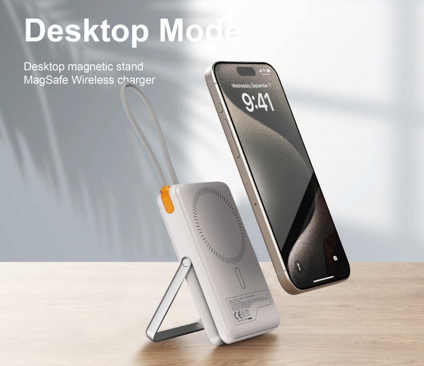2025 Trending Hotsale Desktop Stand Holder Stronger Magnetic Handheld Mode Built in Cable Kickstand Wireless Charging Power Bank