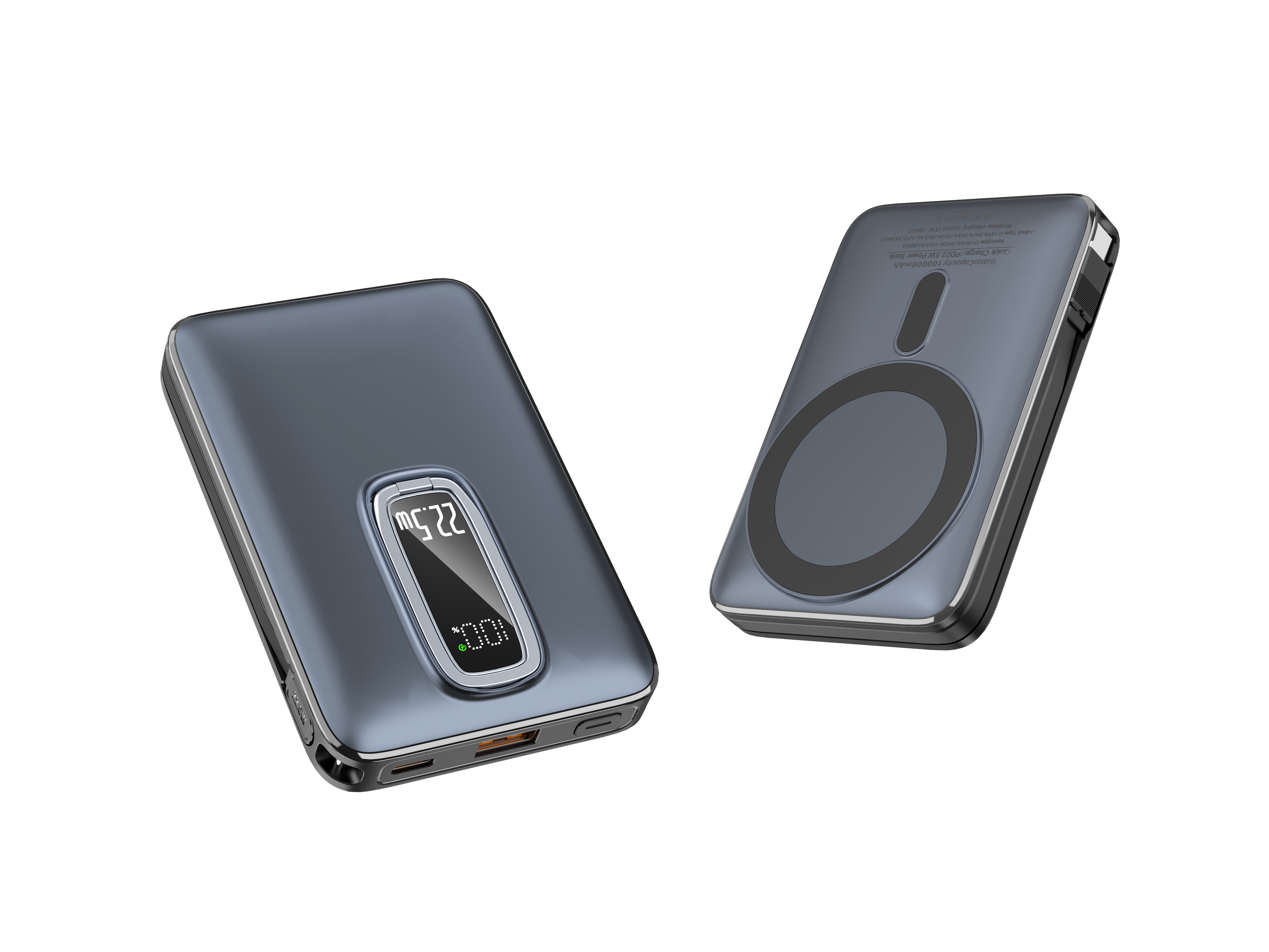 2025 Trending Ultra Slim 10000mAh Power Banks Kickstand Fast Charge Cable Built in Wireless Magnetic Metal Back Holder