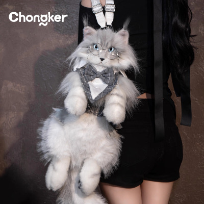 缅因玩偶灰色猫咪双肩包背包潮酷毛绒玩具公仔