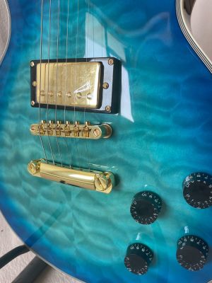 Custom Blue LP Electric Guitar Transparent Quilted Maple Top Gold Hardware