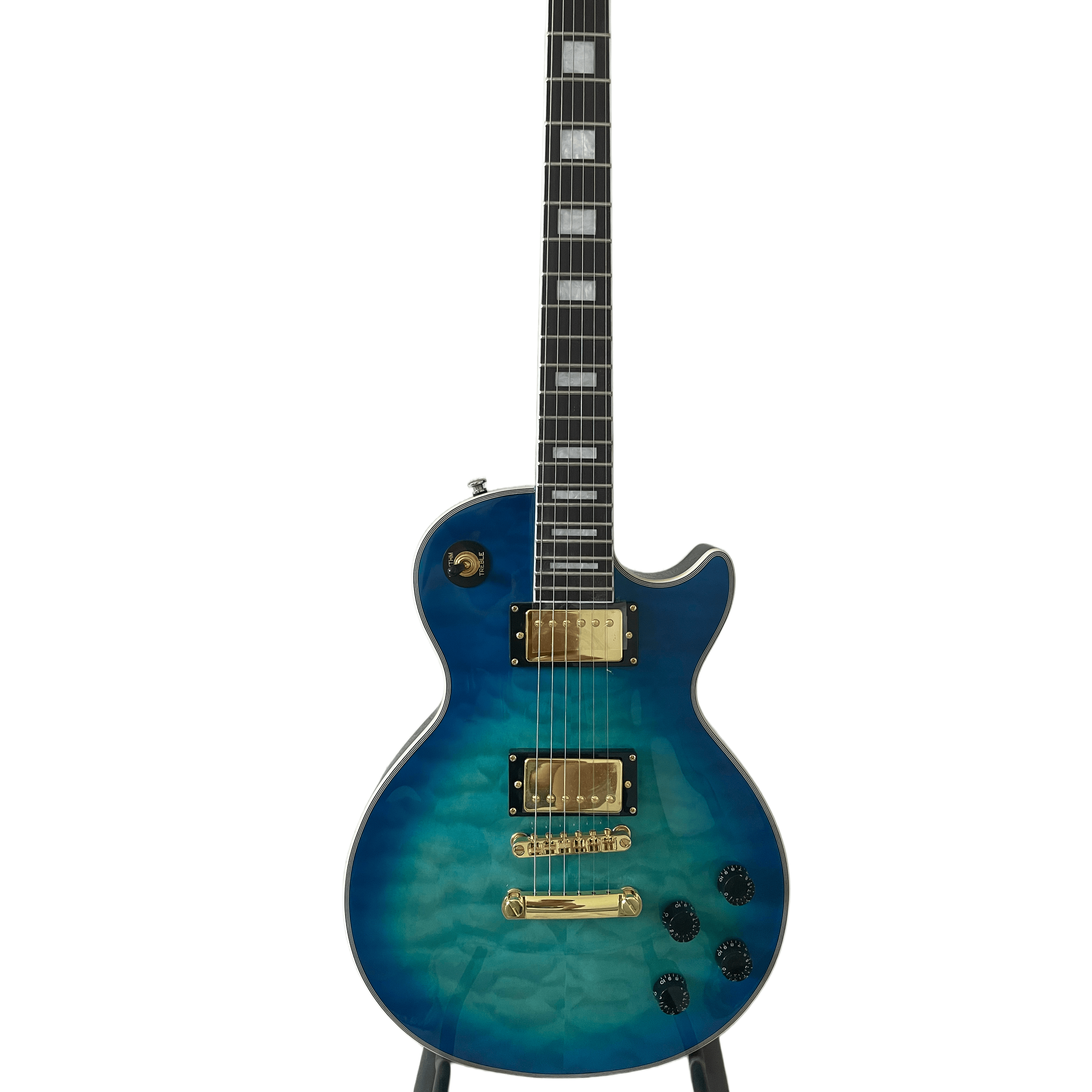 Custom Blue LP Electric Guitar Transparent Quilted Maple Top Gold Hardware