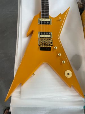 6 Strings Razorback Electric Guitar Floydrose Vibrato Gold Accessories Mahogany Body Yellow And Blue