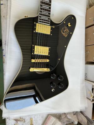 Custom 6 String Firebird Electric Guitar Black Solid Mahogany Body Gold Hardware