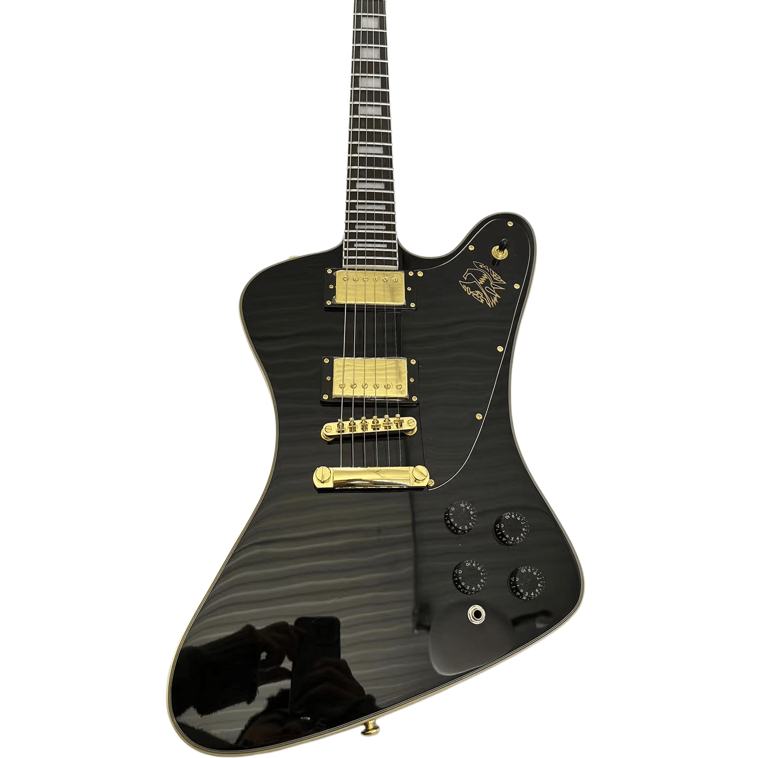 Custom 6 String Firebird Electric Guitar Black Solid Mahogany Body Gold Hardware
