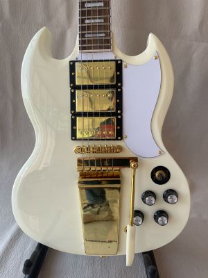 Custom White SG Electric Guitar With Gold Hardware Tremolo System With Three Pickups