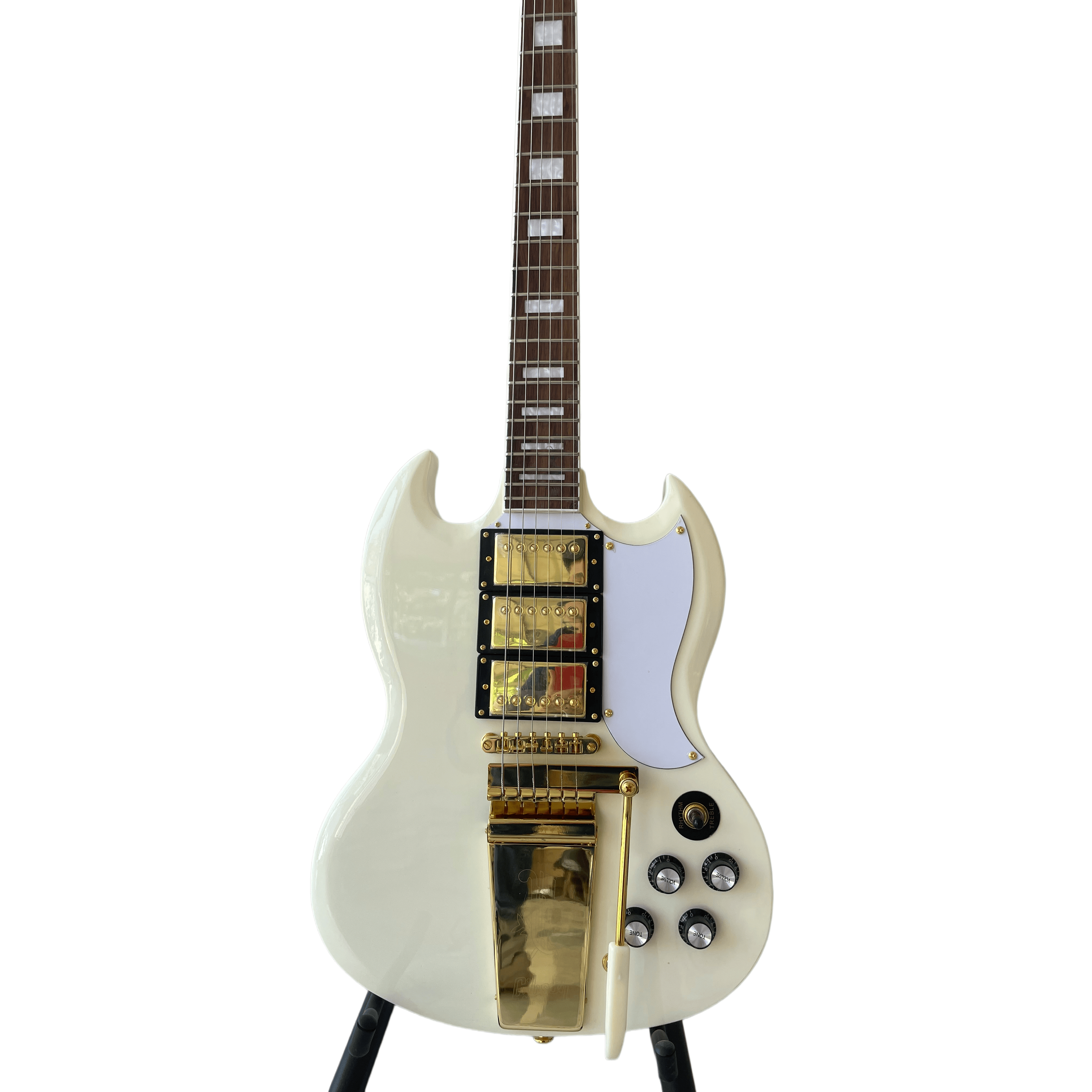 Custom White SG Electric Guitar With Gold Hardware Tremolo System With Three Pickups