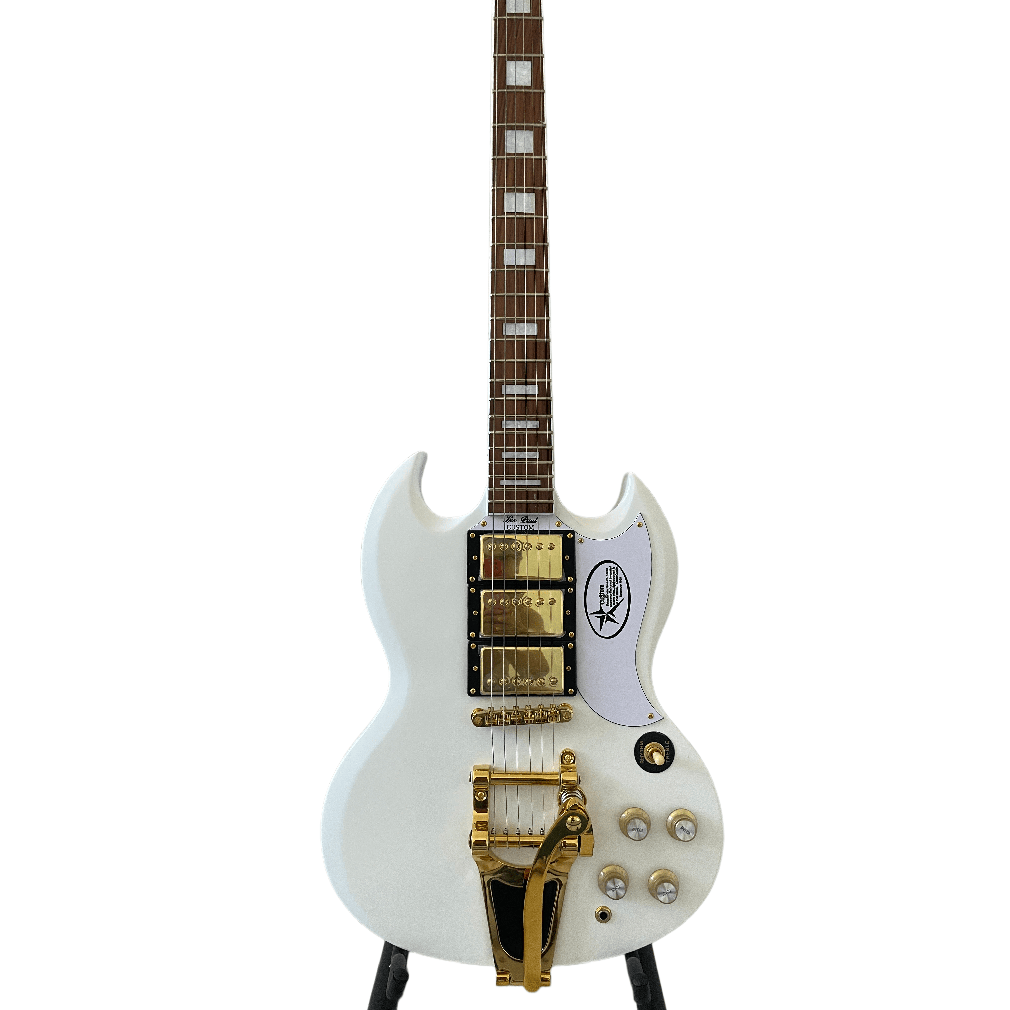Double Cut High-Gloss  White SG Electric Guitar Large Tremolo Bridge Gold Hardware