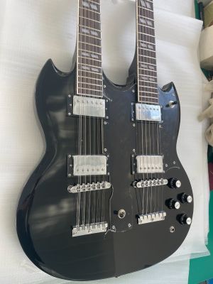 12+6 Strings Electric Guitar Black Double Neck Solid Rosewood Fretboard Free Ship