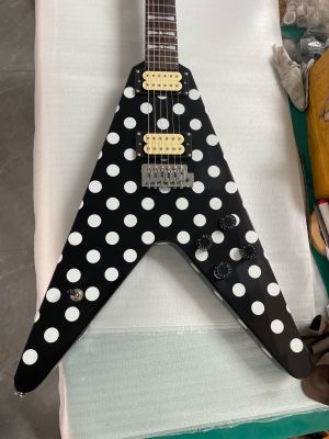 Flight V Randy Rhoads Polka White Dot Electric Guitar Black HH Pickups Fixed Bridge