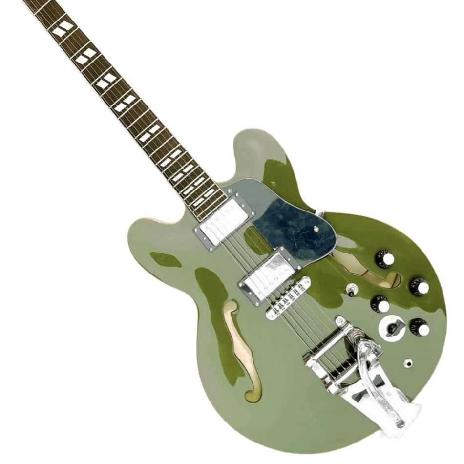 Double F-Hole Semi-Hollow Jazz Electric Guitar Silver Large Swing Bar Light Green