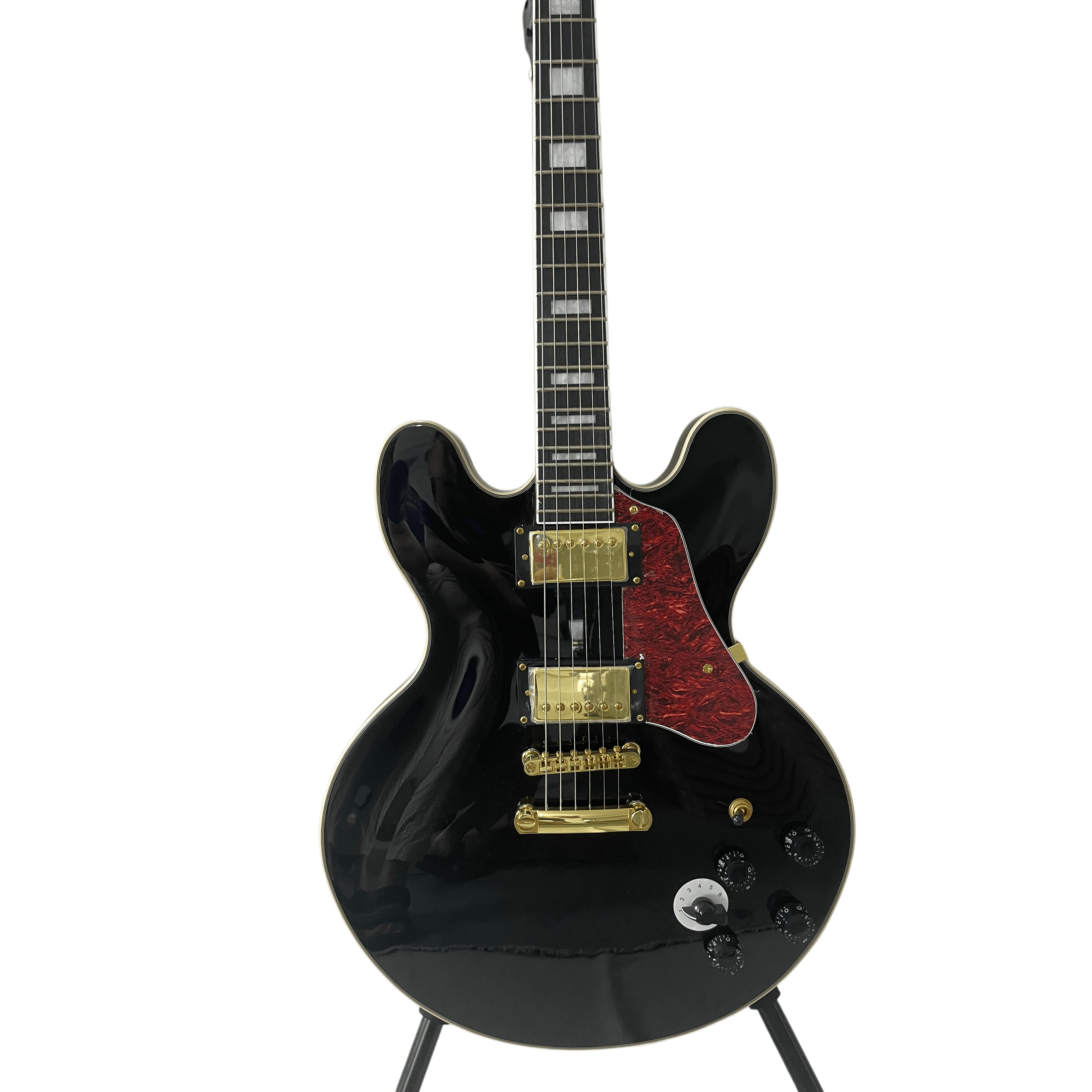 Classic No F-Hole 335 Jazz Half Hollow Electric Guitar Gold Hardware Accessories Black