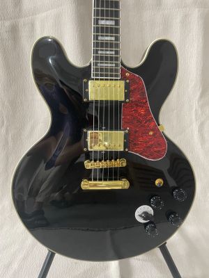 Classic No F-Hole 335 Jazz Half Hollow Electric Guitar Gold Hardware Accessories Black