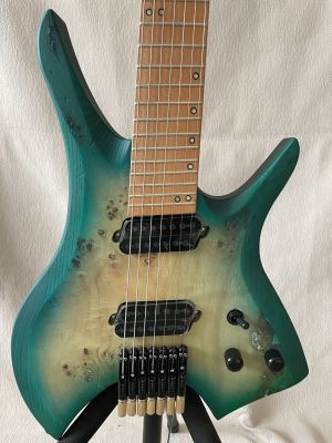 7 Strings Headless Electric Guitar Green Burst Color Roasted Maple Neck Ergonomic Asymmetric Neck