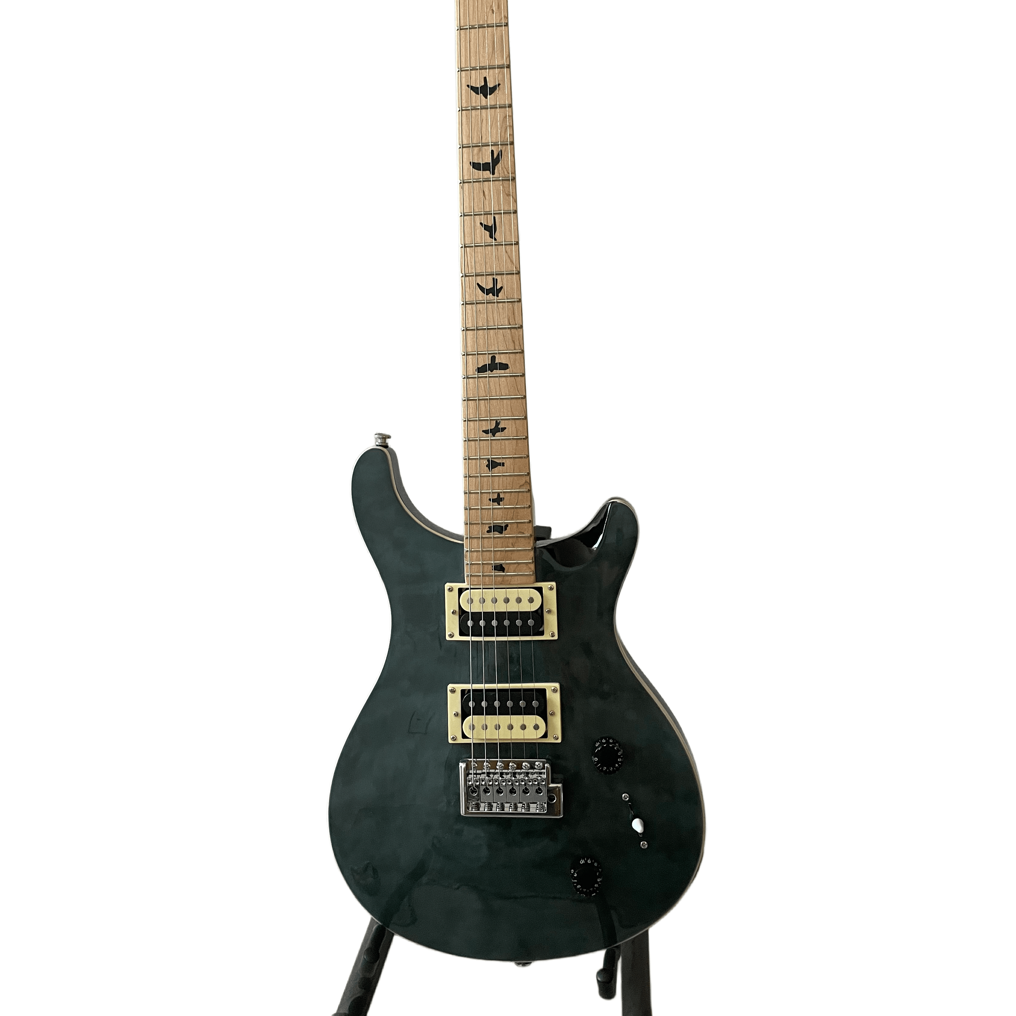 Custom Electric Guitar Lotus Knot Inlay, Vibrato Bridge Blue Body