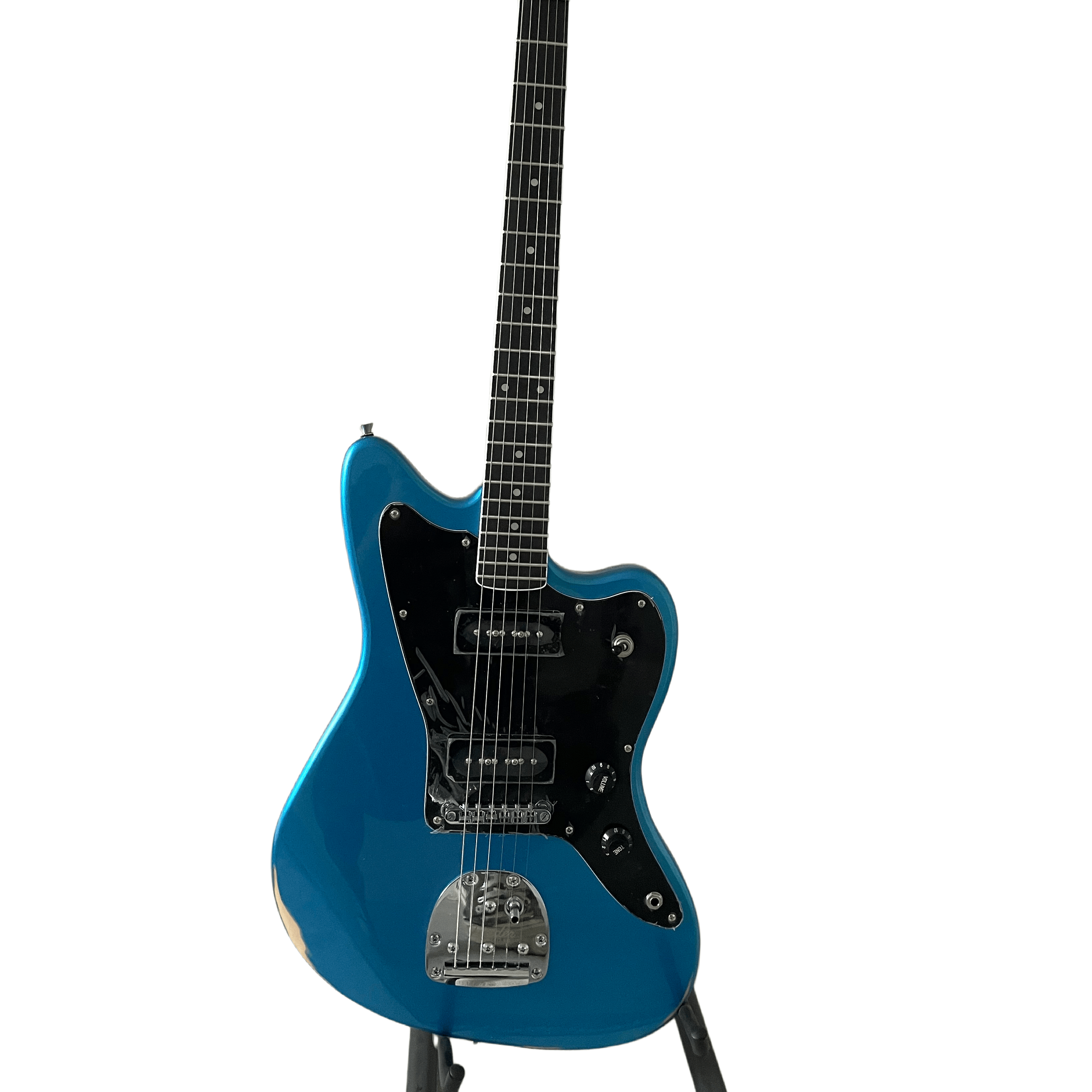 Metal Blue Electric Guitar Offset Shape Rosewood Fingerboard Vintage Style Vibrato System