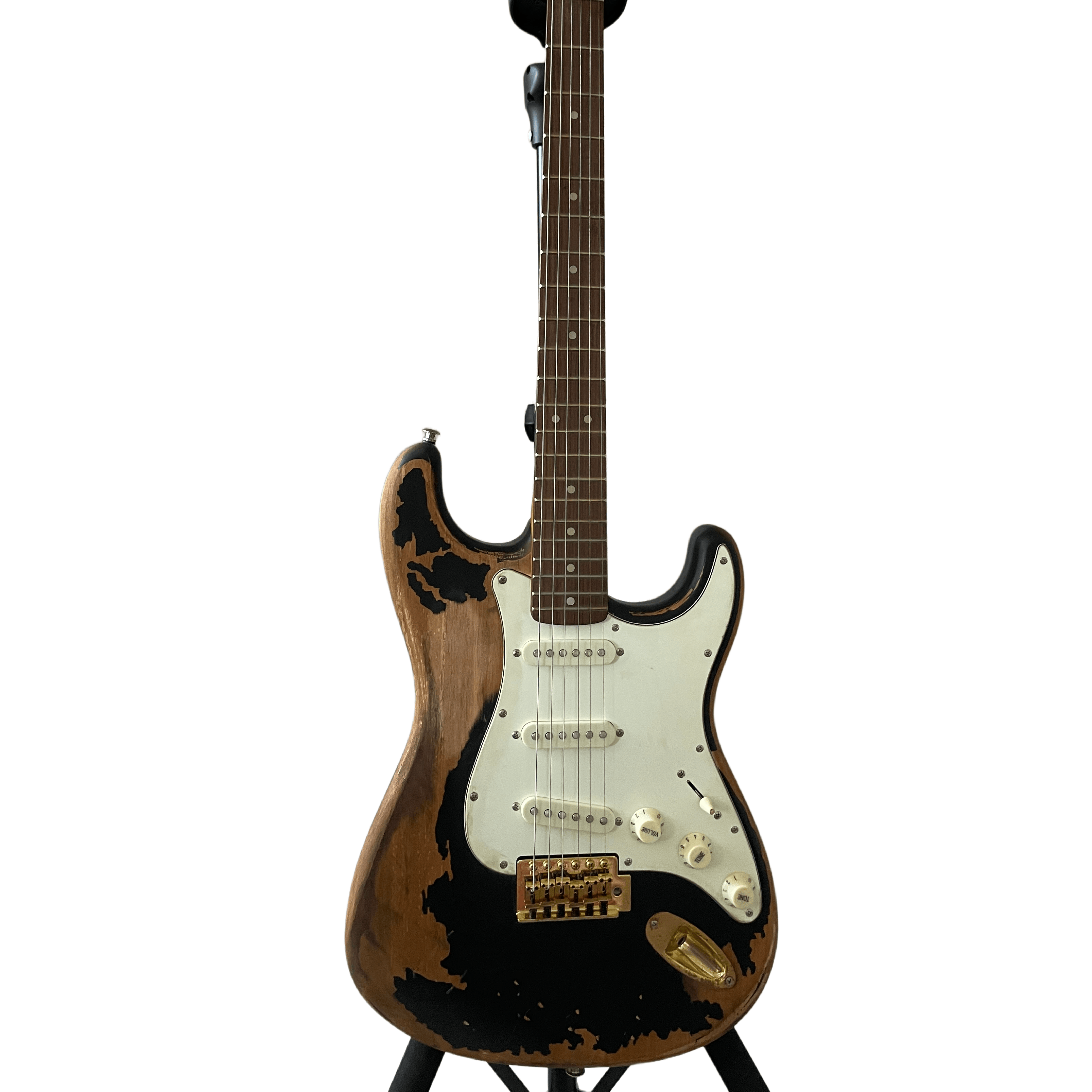 Distressed Relic Electric Guitar Retro Black Finish Gold Hardware Natural color irregular black graffiti