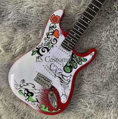 Strat-Style Electric Guitar Artistic Hand-Painted Floral Graphic Red&White Finish 3 Single