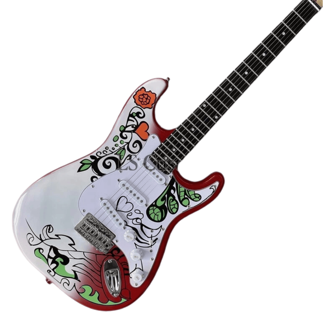 Strat-Style Electric Guitar Artistic Hand-Painted Floral Graphic Red&White Finish 3 Single
