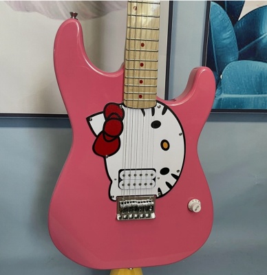 Pink Strat-Style Electric Guitar with Cartoon Graphic Pickguard Bowkitten Graphic