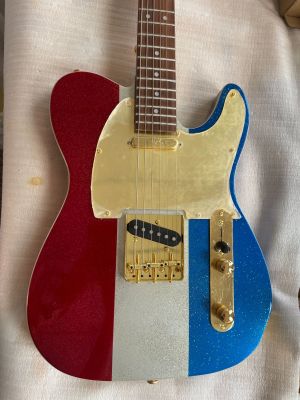 T-Style Electric Guitar 6 String Red White Blue Sparkle Finish Gold Hardware Golden  Pickguard
