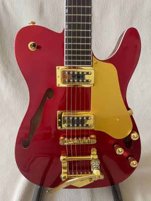 6 String Semi-Hollow T-Style Electric Guitar Gloss Red Gold Accessories Rosewood Fingerboard