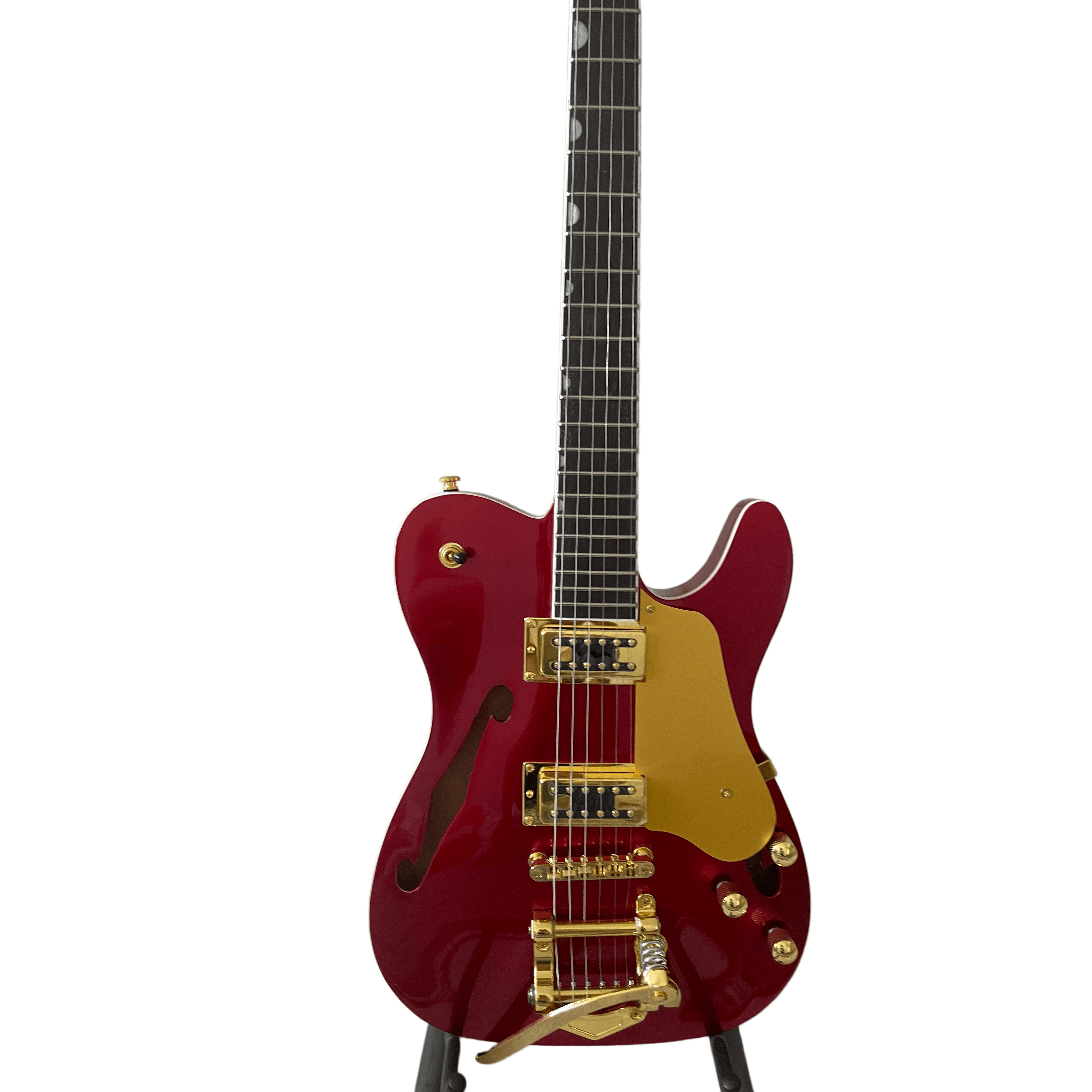 6 String Semi-Hollow T-Style Electric Guitar Gloss Red Gold Accessories Rosewood Fingerboard