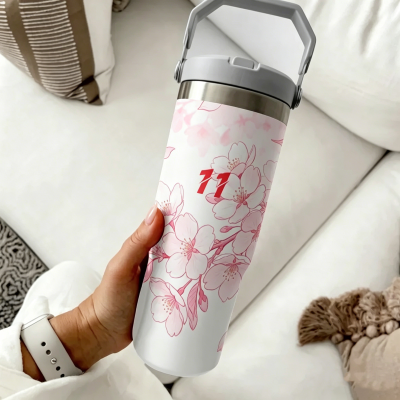 Elegant Cherry Blossom Stainless Steel Insulated Tumbler with Straw & Handle, 30oz Vacuum Insulated Water Bottle for Hot & Cold Drinks, Reusable Travel Coffee Mug with Leak-Proof Lid, Gift for Women