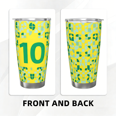Brazil National Team 10 Number Jersey Style Insulated Tumbler, Bright Yellow Green Geometric Print Stainless Steel Vacuum Insulated Travel Cup with Metal Straw, Double Walled Reusable Coffee Mug for Hot & Cold Drinks, Perfect Gift for Brazil Soccer Fans