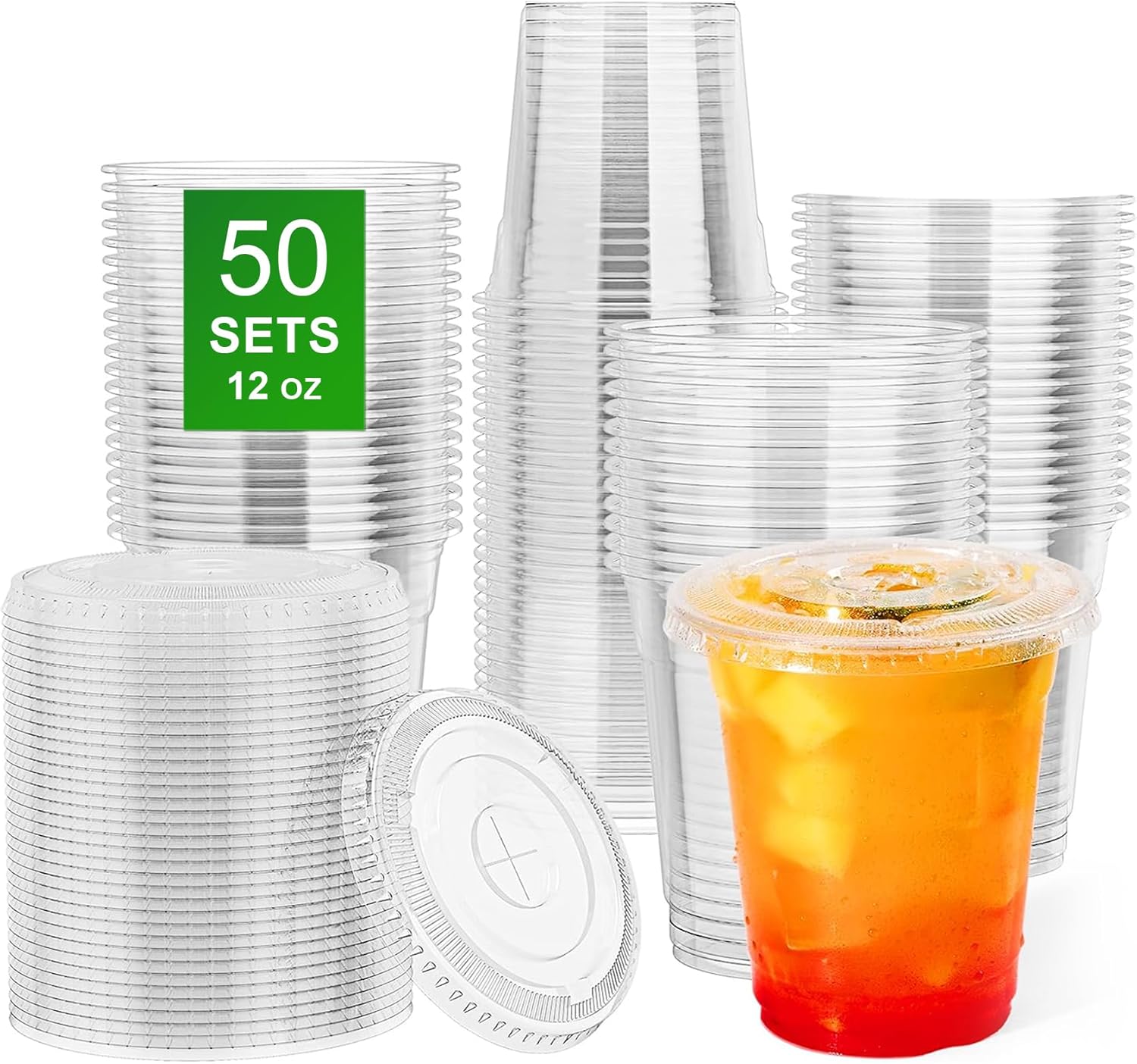 Clear Plastic Cups with Flat Lids, 50 Sets 12oz (100-Piece) Disposable PET Crystal Party Cups, Ideal for Iced Coffee, Smoothie, Milkshake, Juice, Dessert, To-Go Drinks and Cold Beverages